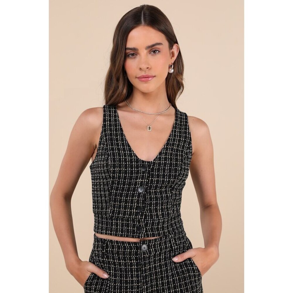 Lulus Posh Perception Black And White Plaid Tweed Cropped Button Top - Size S